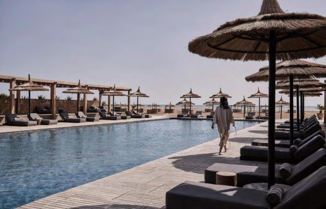 Thatch umbrellas and pergolas at a Red Sea resort